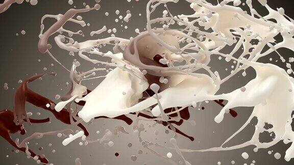 4k白牛奶和巧克力飞溅缓慢的运动
