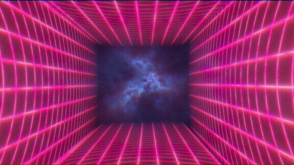抽象的红色能量网格漩涡隧道的线条在屏幕的顶部和底部神奇明亮的发光未来的高科技背景