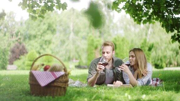 一对情侣在公园里浪漫的野餐喝葡萄酒