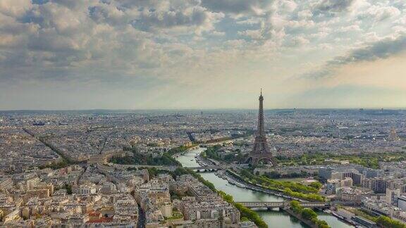 日落时间巴黎市中心塞纳河埃菲尔铁塔航拍全景航拍时间间隔4k法国