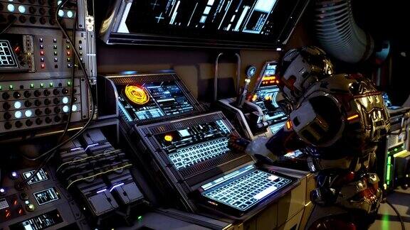 未来的宇航员按下科幻屏幕上的按键现实的运动背景