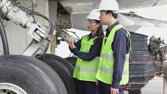 亚洲工程师团队在机库维修检查工作飞机引擎