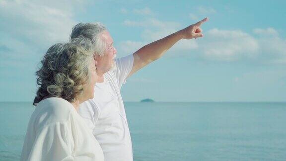 亚洲老年夫妇在海滩上的快乐时光慢镜头
