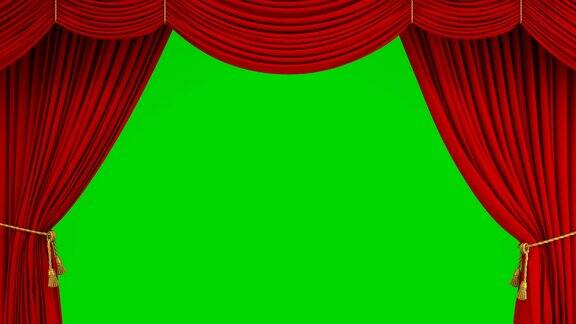 美丽的经典戏剧红色抽象幕布开放和与绿色屏幕升起和关闭3d动画现实剧场舞台幕布与阿尔法面具