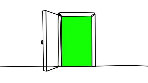在绿色背景色度键上打开的门的2D动画素材:入口机会可能性欢迎出口隐私安全访问网关门槛通道自由逃脱障碍关闭