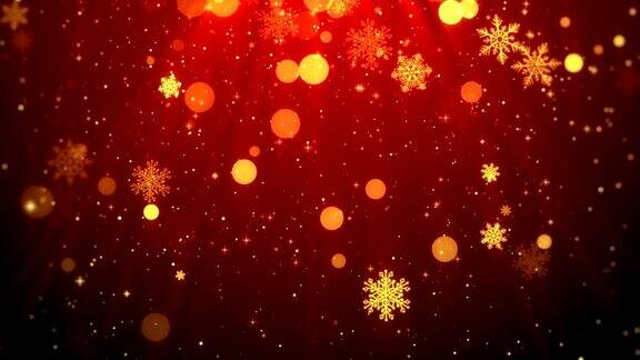 圣诞背景动画短片(红色主题)与闪烁的粒子雪花飘落和发光的灯光
