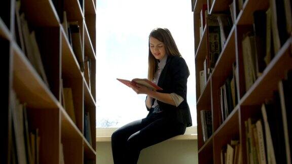 女学生在图书馆的窗台上看书近距离