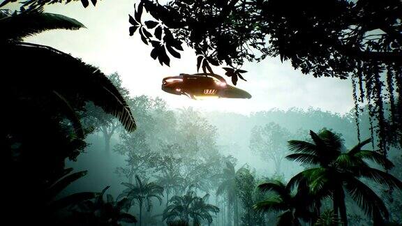 一艘宇宙飞船飞过一颗未知的绿色星球一个关于UFO的未来概念