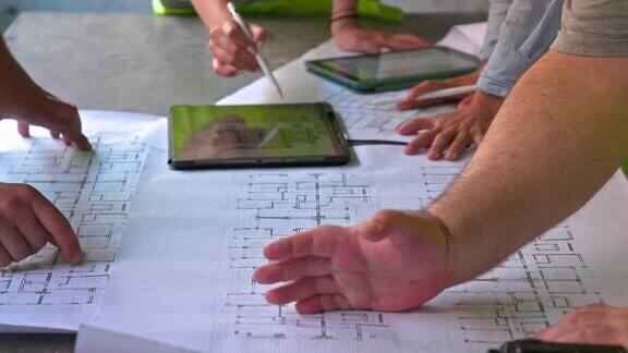 工程师和一名企业家在工地上拿着平板和蓝图检查工作进度手的闭合