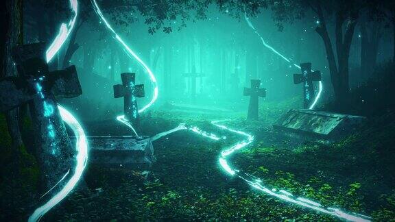 奇幻和神奇的墓地与精灵动画与萤火虫CGI童话和环境循环视频