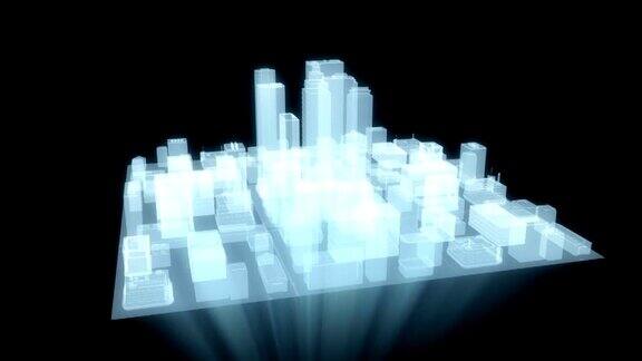 抽象的未来城市全息图的黑色背景3d建筑科技风格的摩天大楼