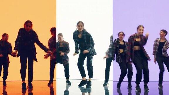 音乐视频剪辑蒙太奇与三个分裂的屏幕与年轻的专业舞者表演现代嘻哈舞蹈常规在工作室