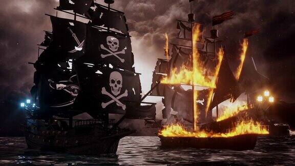 3D乔利罗杰海盗帆船射击大炮在敌人帆船-环景观背景