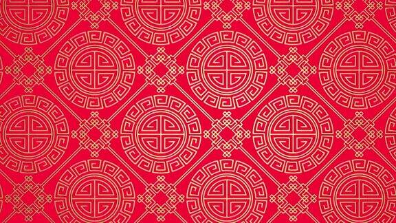 动画传统的日本纹理东方几何金色图案上的红色摘要无缝背景为中国新年4K视频卡从左到右或从上到下移动