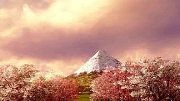 日出或日落时的富士山和盛开的樱花