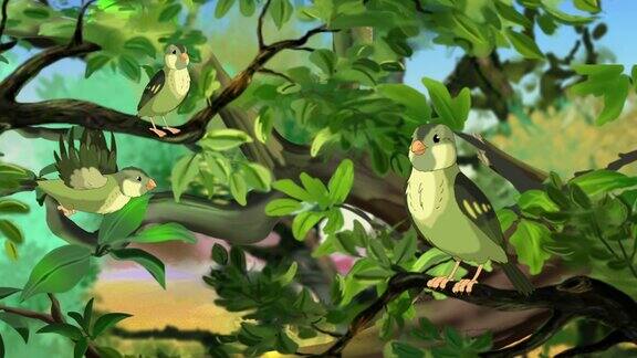 绿色的小森林鸟在树枝上