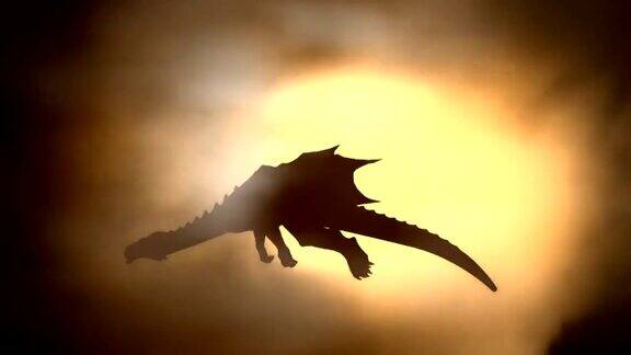 龙的侧影在太阳上飞翔挥舞他的翅膀