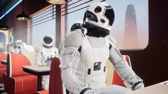 在一颗遥远的红色星球上宇航员在当地的一家餐馆吃午餐动画是为幻想未来或太空旅行的背景