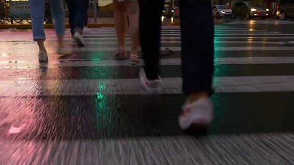 雨夜上海市区交通街道人行横道柏油路全景4k中国