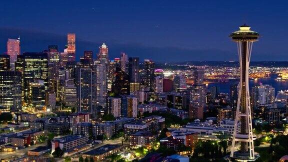 西雅图中央商务区在黄昏-无人机拍摄