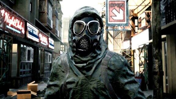 一名身穿军装、戴着防毒面具的流浪男子正穿过这座被毁的城市核战争后世界末日