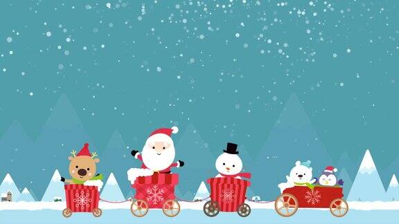 卡通动画人物圣诞老人驯鹿和雪人在推车移动通过冬天的城镇和山与降雪