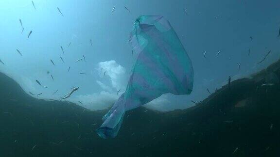 塑料污染条纹袋和学校的沙胡瓜鱼游泳在水下背景蓝天与云低角在水下塑料碎片塑料垃圾环境污染问题