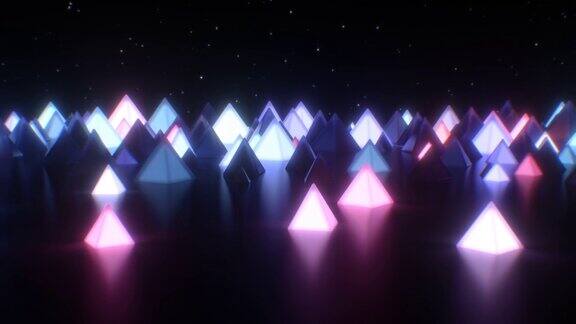 玻璃霓虹金字塔辉光复古未来抽象夜景观-4K无缝循环运动背景动画