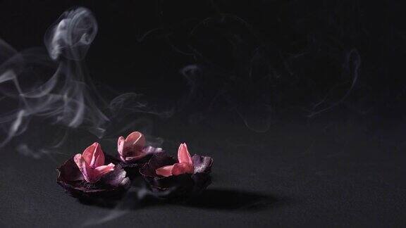 干花和芳香的烟雾映衬着黑暗的背景健康与冥想东方疗法4k