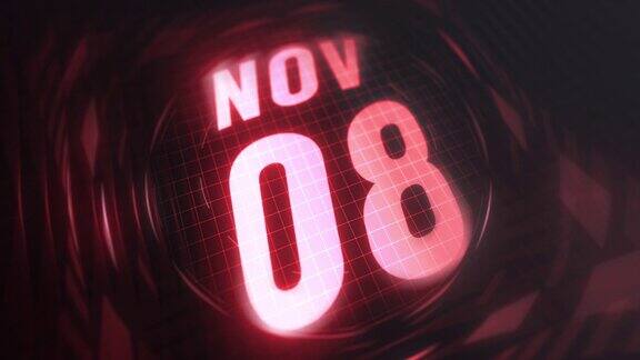 11月8日3d动态图像红外线日历在未来和科技发光霓虹灯拍摄纪念在led等4k循环