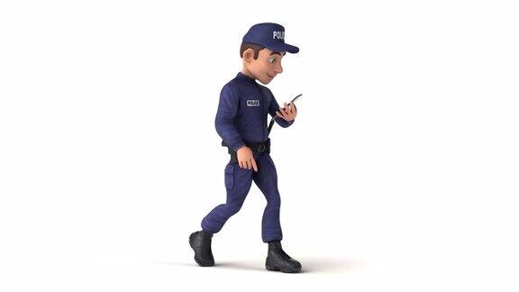 有趣的3D卡通警察与智能手机行走