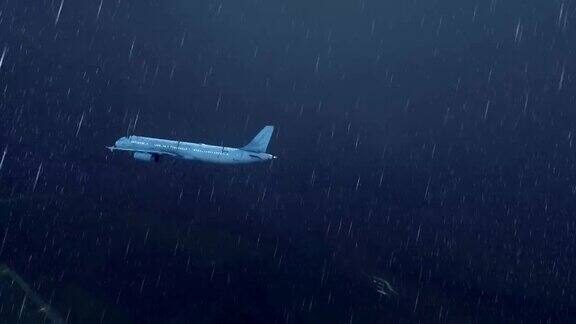 一架客机在大雨的夜空中飞行