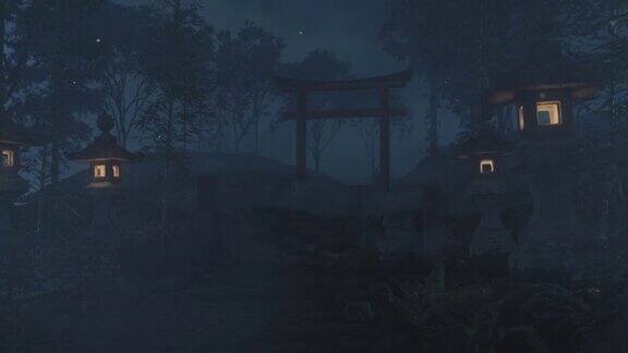 动画的一个古老的日本神社与鸟居门和石头灯笼在晚上