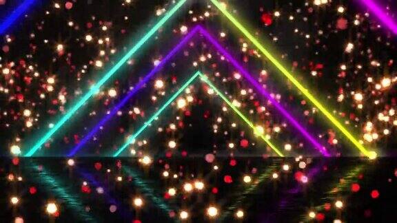 数字动画的彩色霓虹灯三角形对红色的光点在黑色背景