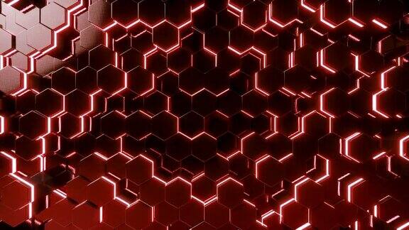 抽象红色的未来表面六角形图案与光线3D渲染4k动画