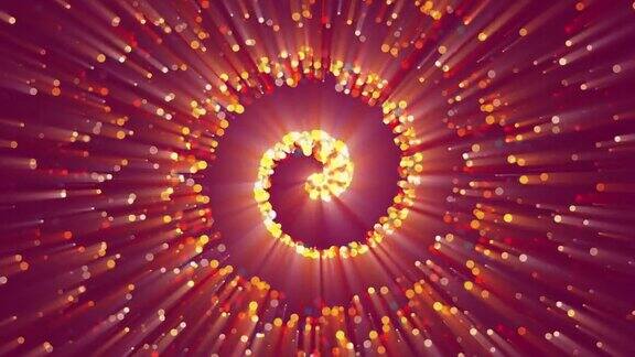 红黄4k高度详细的粒子流-循环金色闪光粒子螺旋涡