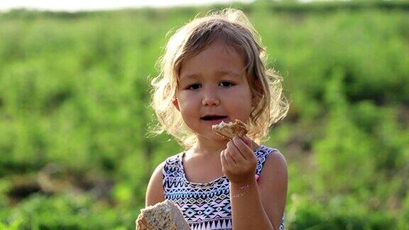 小女孩在有机生态农场的田地里吃自制的面包