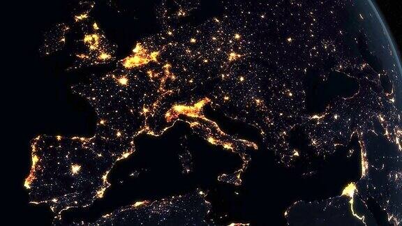 欧洲晚上在地球上从太空旋转