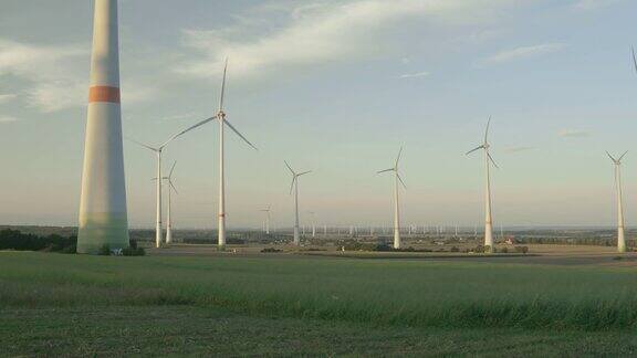 达尔村附近的大型风力发电场前景为风力涡轮机日出时背景为风力涡轮机
