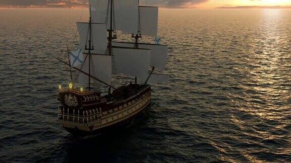 黎明时分帆船在海上航行