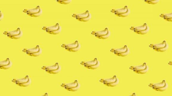 无缝模式与许多香蕉动画在不同或对角线方向上的黄色背景逼真的3d热带食物