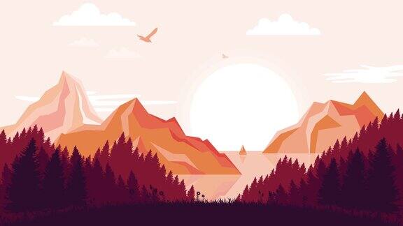 景观与森林树木和太阳在山和湖的动画视频