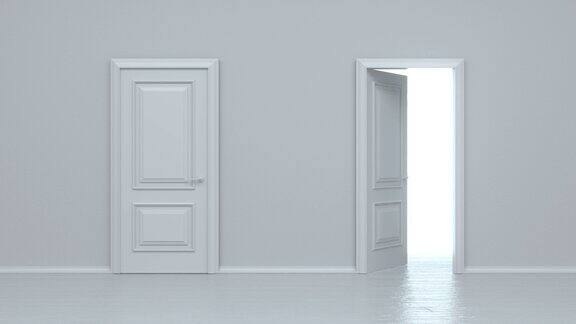 打开和关闭的白色入口门隔离在白色背景明亮的白色房间的门打开后整个空间充满了明亮的白色选择商业和成功3d动画4k