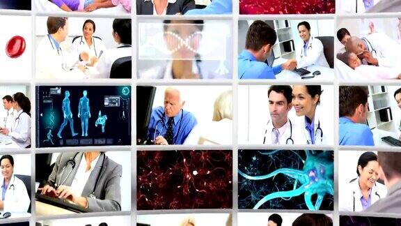 蒙太奇3D视频墙图像的医疗顾问和患者