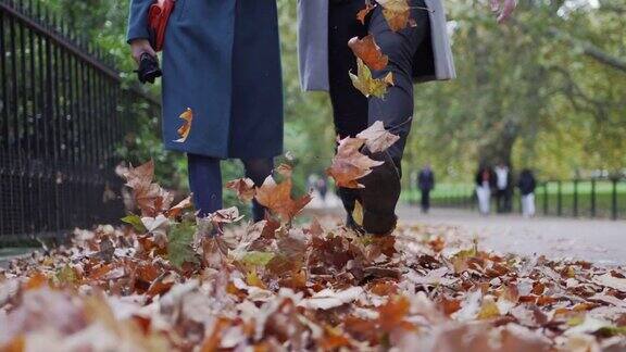 一对浪漫的情侣从一个低的角度走过秋天的落叶