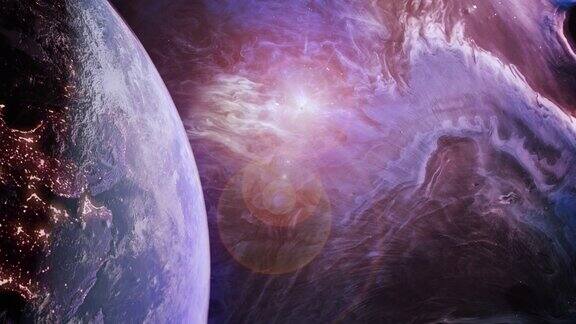 在未来的紫色宇宙中旋转蓝色地球