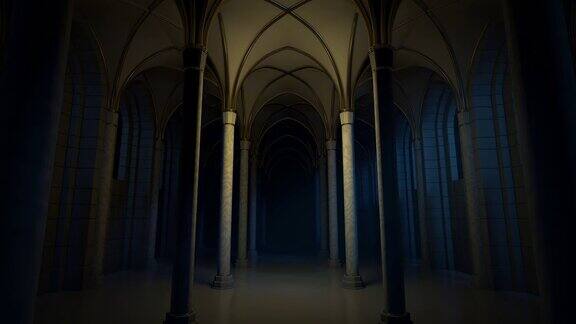 夜晚可怕的大教堂走廊无缝循环