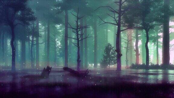 雾气迷蒙的夜晚森林沼泽上方有神奇的灯光