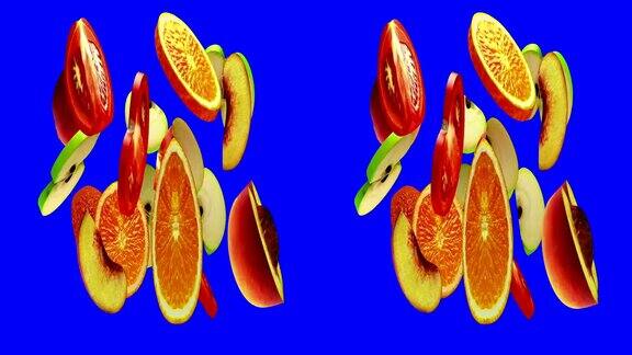 水平变形立体对水果旋转在蓝色无缝循环3D