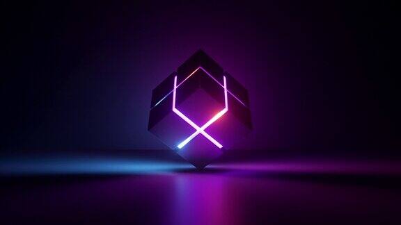 循环的3d动画抽象的背景发光的霓虹灯线的立方体盒子在黑暗的空房间里旋转和旋转黑暗房间里的发光物体虚拟现实